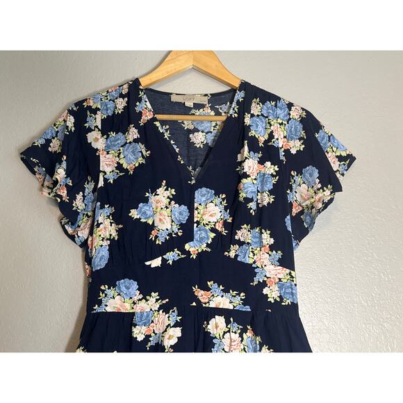 Ann Taylor Loft Floral Flutter V-Neck Pocket Short Dress Womens 2 Petite Blue - Picture 4 of 9